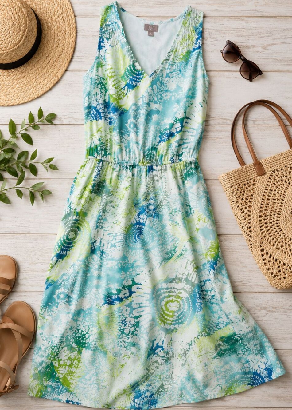 J. Jill Sleeveless Midi Dress M Blue Green Abstract Print Silk Cotton Blend